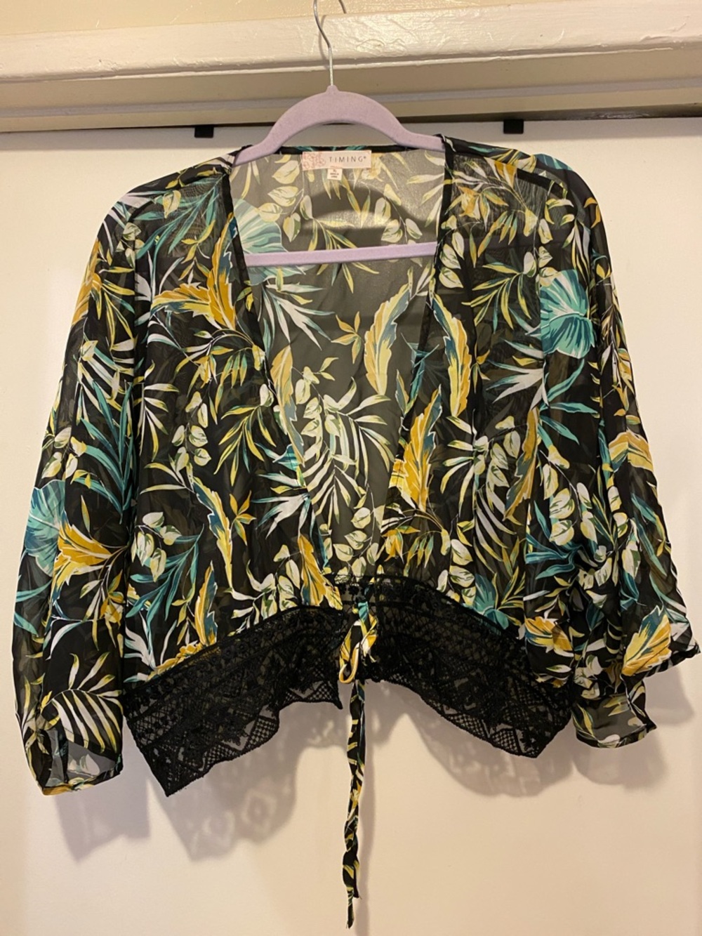 Timing Black Tropical Tie-Front Cropped Blouse with Teal and Yellow Leaves